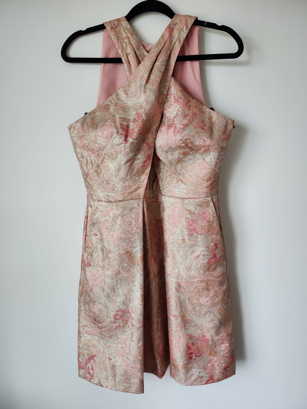 Vince Camuto Pink Metallic Brocade Crisscross Mini Dress - Picture 3 of 16